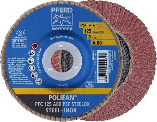 PFERD POLIFAN A PSF STEELOX Fächerscheibe für Stahl und Edelstahl, Durchmesser: 125 mm, Bohrung: 22,23 mm, Körnung: 80 - Bild 1