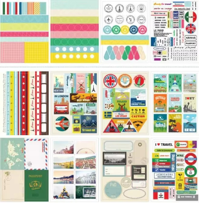 Vintage Voyage Reise Themen Stempel Aufkleber für Scrapbooking und Junk Journals in Multicolour - Bild 1