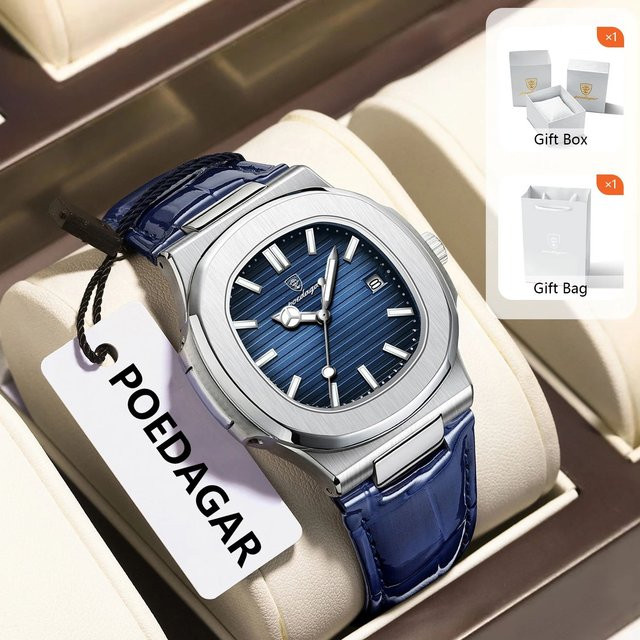 POEDAGAR Armbanduhr Quarz, Edelstahl, Leder, Blau, Herren - Bild 1