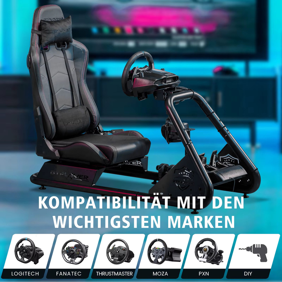 LUCKRACER Simracing-Cockpit Rennsimulator mit Lautsprechern, Lenkrad und Pedalablage in Schwarz oder Weiß - Bild 3
