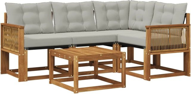 vidaXL Outdoor-Sofagarnitur in L-Form aus Akazienholz mit Textilene und hellgrauen Kissen - Bild 1