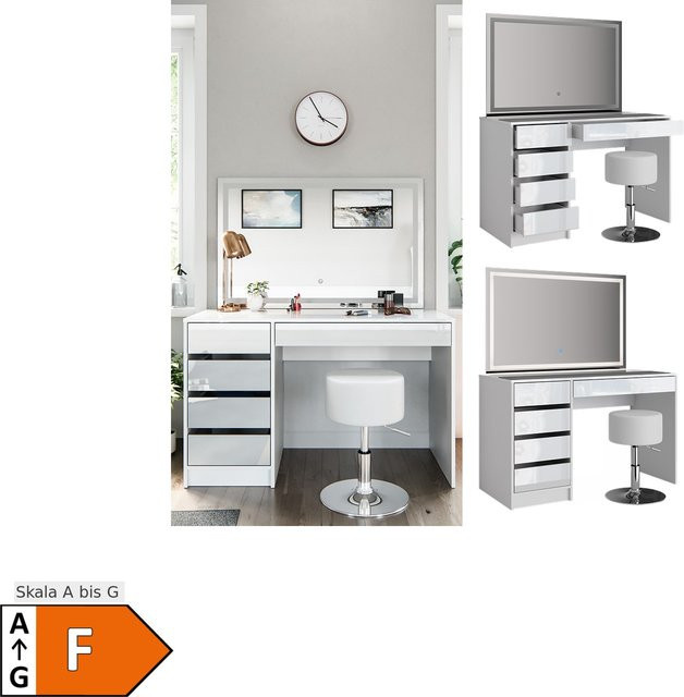 Vicco Schminktisch Sherry Weiß Hochglanz mit LED-Spiegel, Hocker und 5 Schubladen, Breite: 120 cm - Bild 1