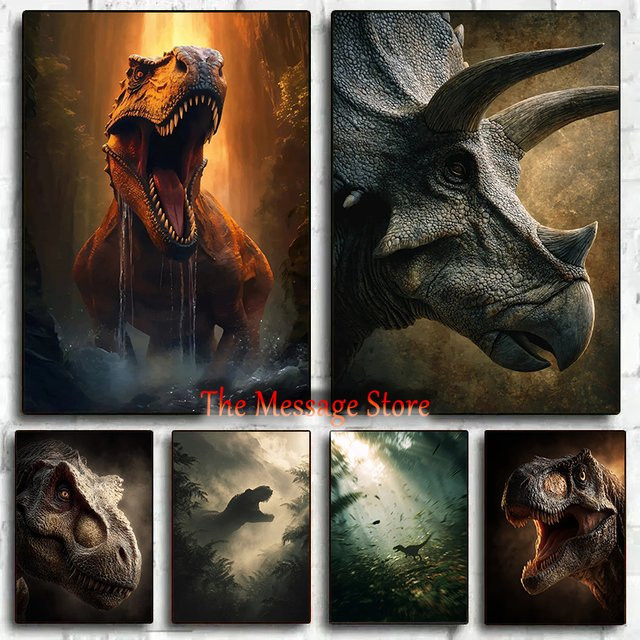 Dinotime Wandbild als Leinwandmalerei mit Roaring T-Rex im Misty Jungle Motiv in Mehrfarbig - Bild 1