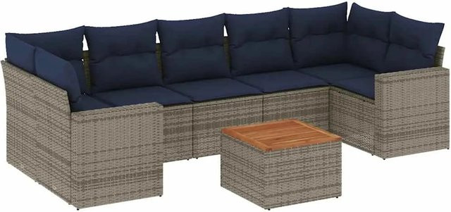 vidaXL 8-teilige Garten-Sofagarnitur in L-Form aus grauem Poly-Rattan mit Kissen und pulverbeschichtetem Stahlgestell - Bild 1