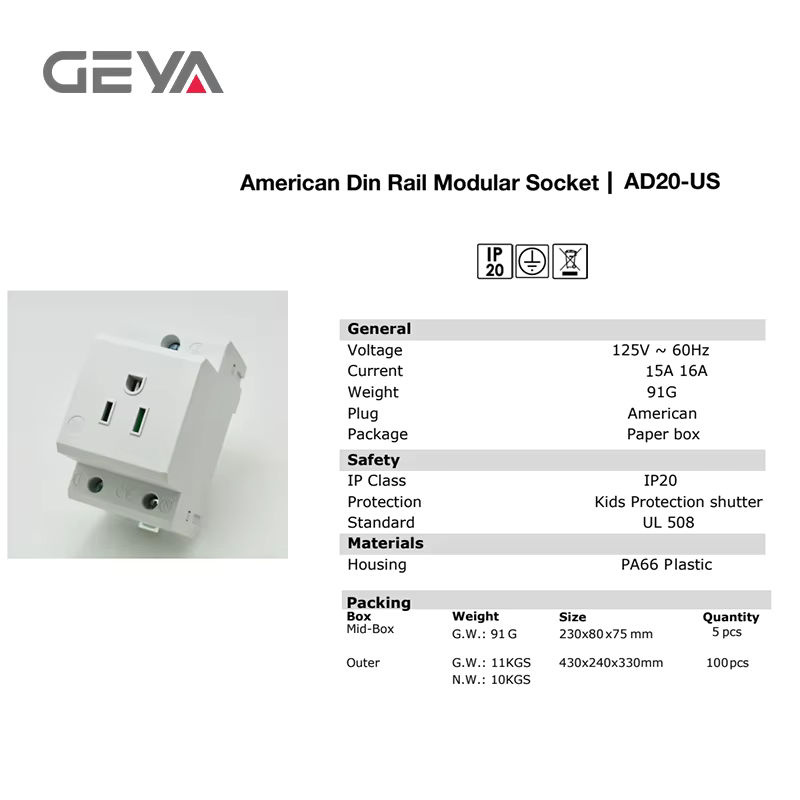 GEYA 16A 220V AC DIN-Schienen-modulare Steckdose für industriellen und privaten Gebrauch mit EU/FR/US/BK/IT Anschlüssen, Breite: 35 mm - Bild 2