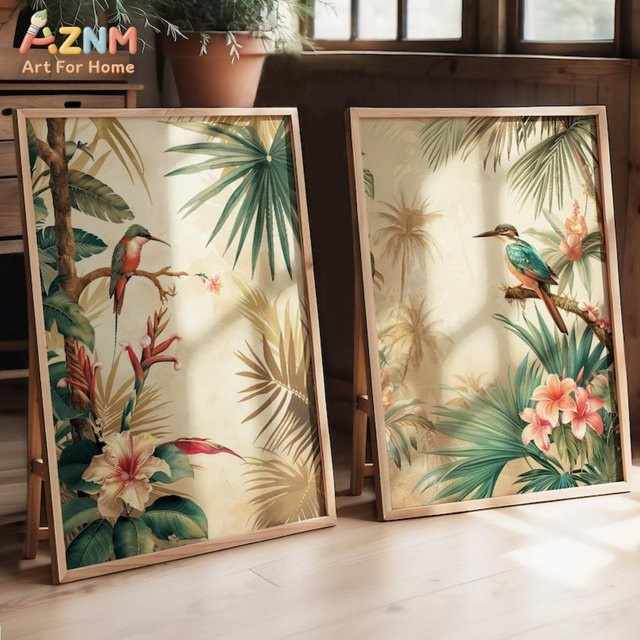 AZNM Vintage Leinwanddruck Eisvogel mit tropischen Pflanzen und floralen Elementen, ungerahmt, Mehrfarbig - Bild 1