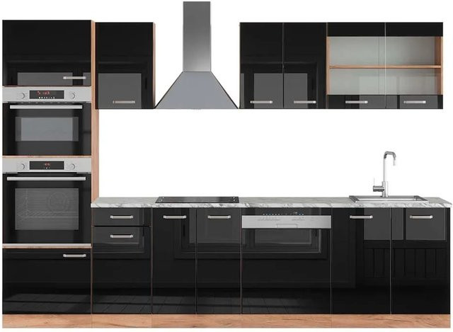 Vicco R-Line Küchenzeile Schwarz Hochglanz und Goldkraft Eiche mit Hochschrank und Marmor-Optik, Breite: 300 cm, Höhe: 207 cm, Tiefe: 60 cm - Bild 1
