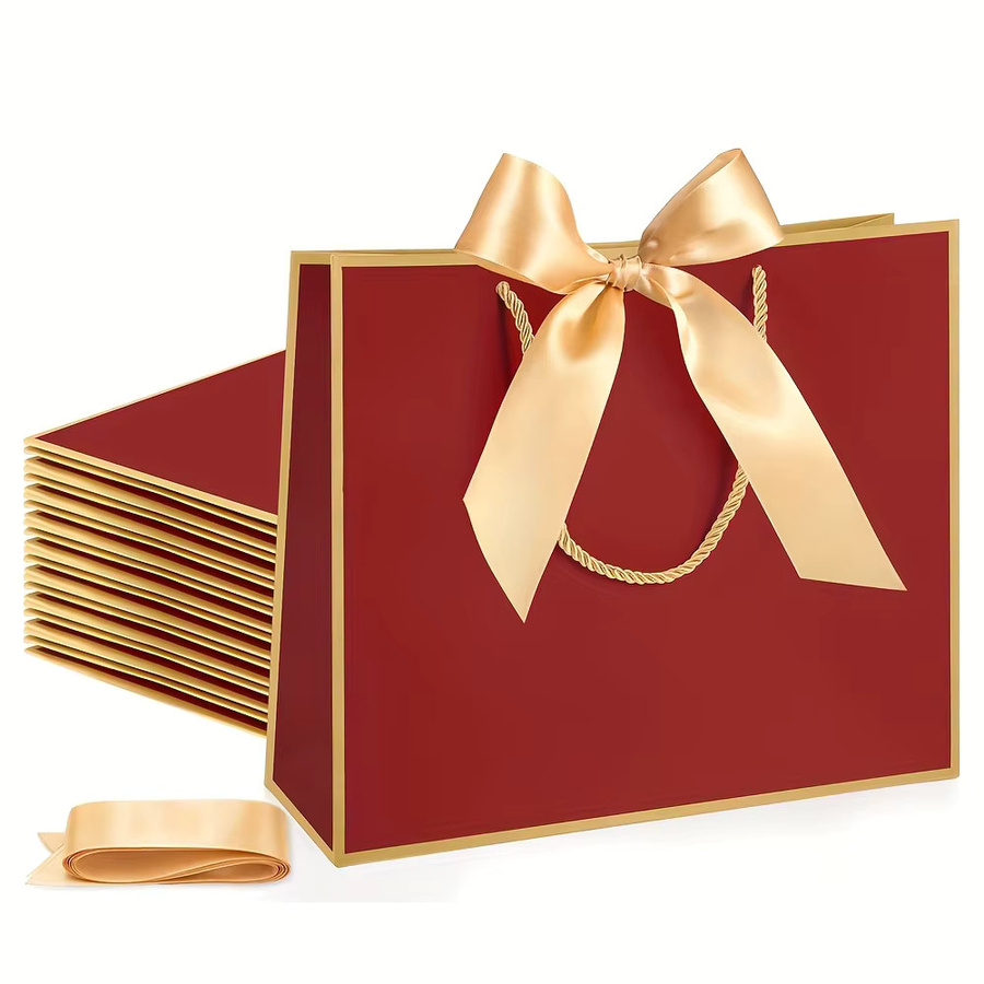 10-teiliges Set aus burgunderroten Papier-Geschenktüten und passenden Schleifenbändern für Hochzeiten und Dankeschön-Anlässe - Bild 3