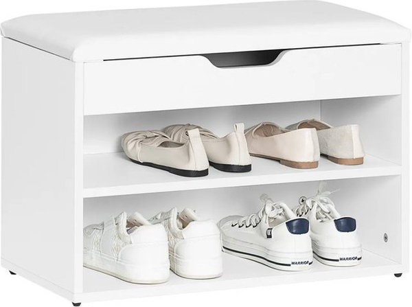 SoBuy Schuhbank FSR25-W mit Sitzfläche und Schuhregal aus MDF und Kunstleder, Weiß, B: 60 cm, T: 44 cm, H: 30 cm