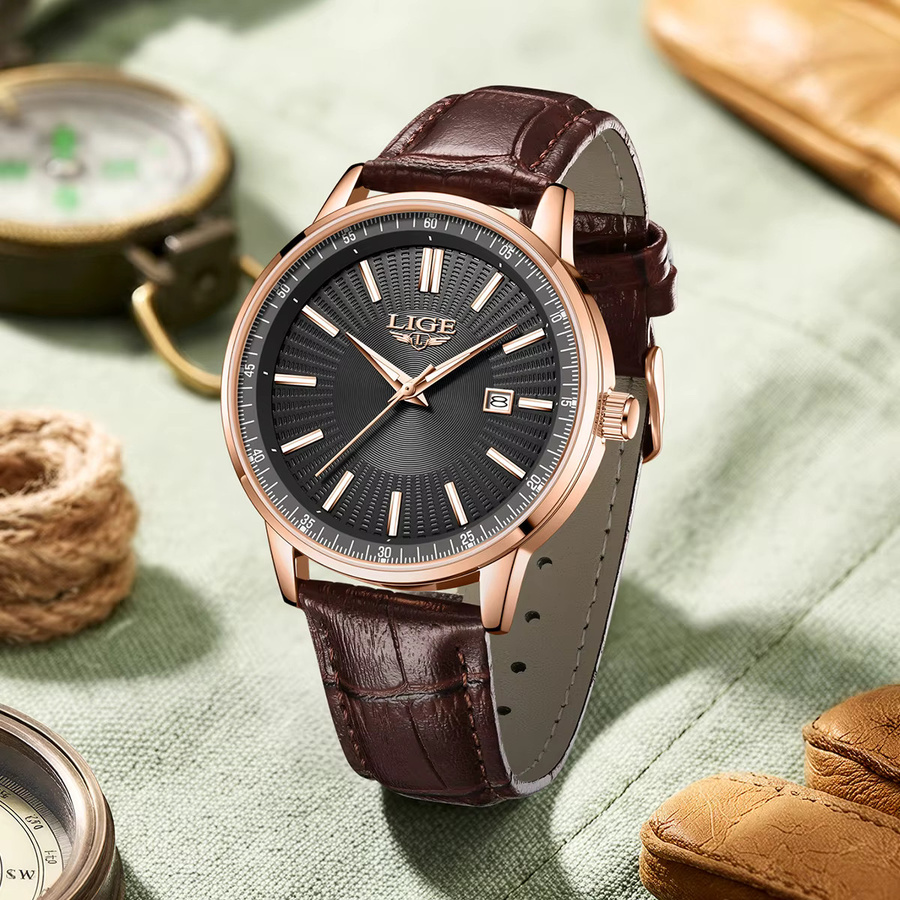 LIGE Armbanduhr Quarz, Leder, Roségold, Schwarz, Herren - Bild 3