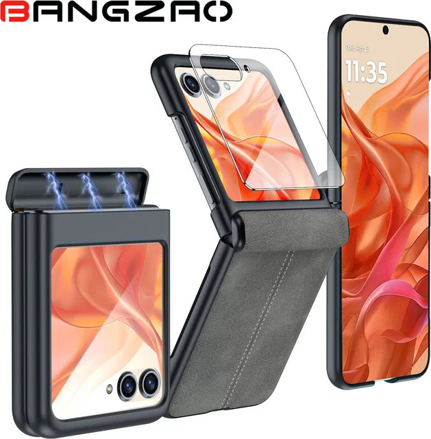 Lederhülle für Motorola Razr 50 / 60 / 70 mit Scharnierschutz und integriertem Displayschutz, stoßfeste Abdeckung in Grau - Bild 1