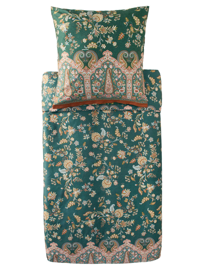 Bassetti Mako-Satin Bettwäsche INDIAN ROSES in Grün mit floralem Ethnic-Design, bestehend aus Bettbezug und Kissenbezug mit Reißverschluss - Bild 1