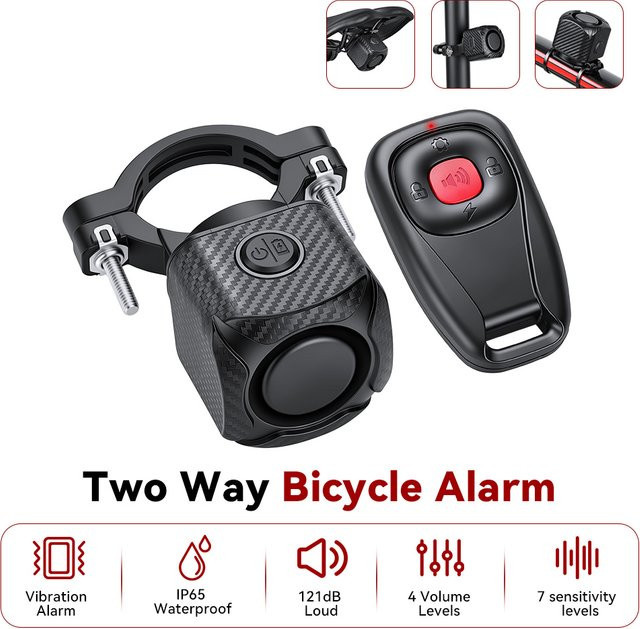 WSDCAM Zwei-Wege-Fahrrad-Diebstahlalarm mit Vibrationsauslösung, 121dB Sirene, Fernbedienung und Ortungsfunktion für E-Bike, Roller und Motorrad, Schwarz - Bild 1