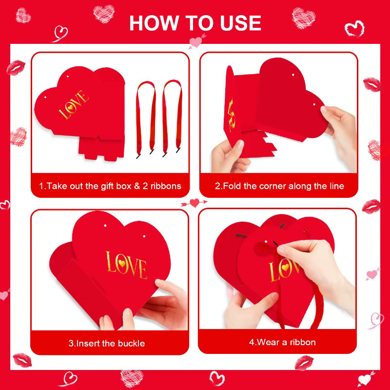 12-teiliges herzförmiges Geschenkbox-Set aus Papier mit Klappkörben und Blumenstraußbeuteln für Valentinstag - Bild 2