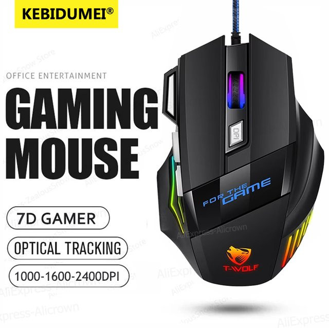 Kebidumei Ergonomische Gaming-Maus mit 2400 DPI, 7 Tasten und LED-Beleuchtung in Schwarz - Bild 1