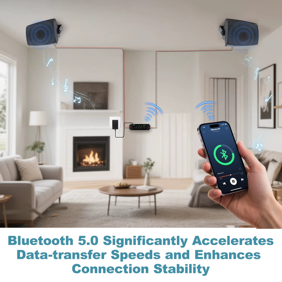 Herdio 4-Kanal Bluetooth-Audioverstärker mit Fernbedienung in Schwarz für Badezimmer-Wand- und Deckenlautsprecher - Bild 2