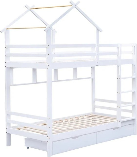 KOMHTOM Etagenbett Hausbett aus Kiefer in Weiß mit Schubladen, Regalen und Leiter für Kinder - Bild 1