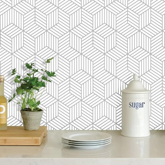 Selbstklebende Geometrische Tapete von Meihodan in Weiß und Silber mit sechseckigem Design für Wohnzimmer und Schlafzimmer - Bild 1