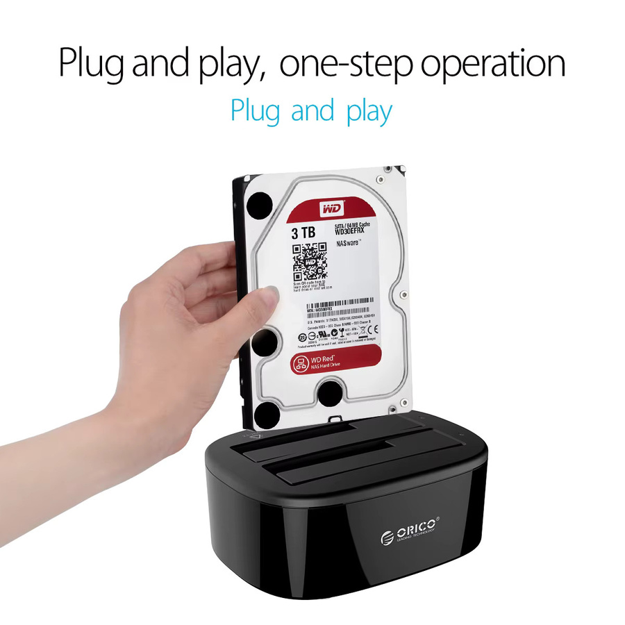 ORICO Dual-Bay HDD-Dockingstation USB 3.0 und USB-C für 2,5 und 3,5 Zoll SATA-Festplatten, Schwarz - Bild 3