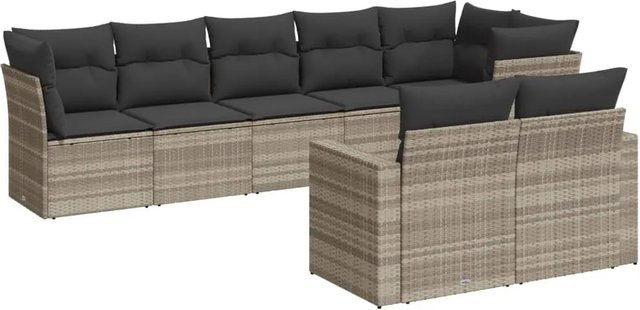 vidaXL 8-teilige Garten-Sofagarnitur in L-Form aus Poly-Rattan in Hellgrau mit Kissen und pulverbeschichtetem Stahlgestell - Bild 1