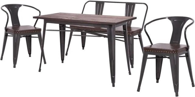 MCW Esszimmer-Set H10 in Industrial-Design mit Ulmenholz und Kunstleder, Braun, 4-teilig bestehend aus Esszimmertisch, 2 Esszimmerstühlen und einer Sitzbank - Bild 2