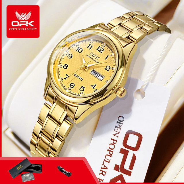 OPK Armbanduhr, Quarz, Edelstahl, Gold, Damen, Datum, Wochentag - Bild 1