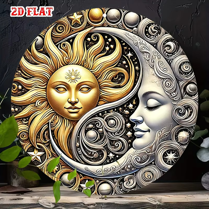 Potdemiel Yin Yang Mond Aluminiumschild als runde Metall Wanddekoration im Boho Stil, Durchmesser: 20 cm - Bild 2