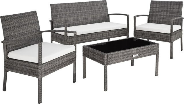 tectake Rattan Sitzgruppe Sparta für 4 Personen aus Polyrattan in Grau, B/T/H: 49,5 x 44 x 77 cm - Bild 2