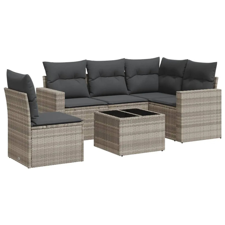 vidaXL 6-teilige Garten-Sofagarnitur in L-Form mit Kissen und Couchtisch, Hellgrau, Poly Rattan und Metallrahmen - Bild 2