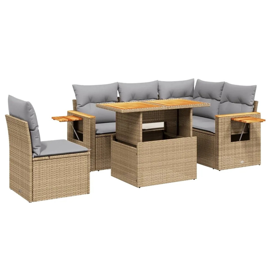 vidaXL 6-tlg Garten-Sofagarnitur aus Poly-Rattan und Akazienholz in Beige mit Kissen Modell 395 - Bild 2