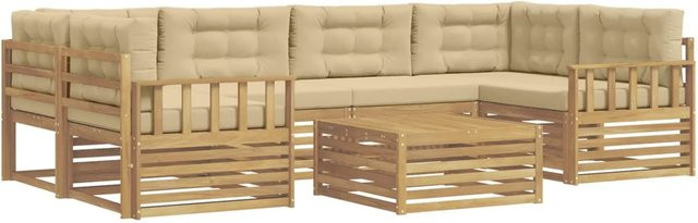 vidaXL Outdoor-Sofagarnitur L-Form aus Akazienholz mit 7 Kissen in Weiß und Beige - Bild 1