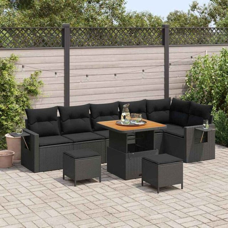 Vidaxl Garten-Sofa-Set aus Polyrattan und Akazie in Schwarz, 9-teiliges Loungemöbel-Set mit Stahlgestell - Bild 1