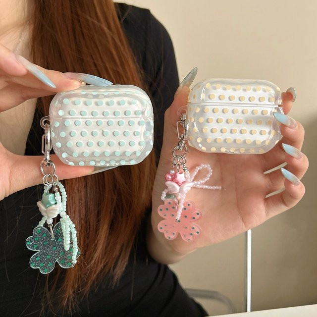 Transparente Schutzhülle für Apple AirPods 2 3 4 Pro Pro2 Pro3 mit Minzgrün und Gelbem Polka-Dot-Schleife-Glücksklee-Design - Bild 1