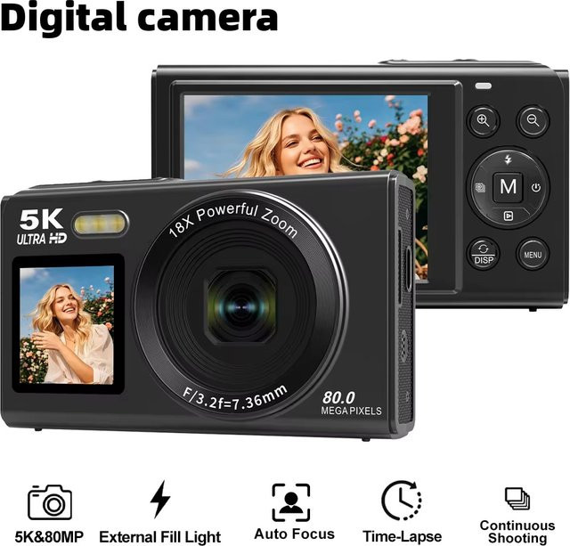 Ourlife Digitalkamera 5K 80MP mit 18X Digitalzoom und Dual-Bildschirm, Kompaktkamera mit WIFI in Schwarz - Bild 1