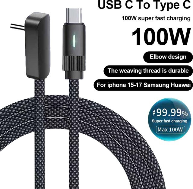 VBNM Dual-Typ-C-Ladekabel in Schwarz mit 90-Grad-Winkel für schnelles Laden und Datenübertragung für iPhone 16, 15 Pro Max, Samsung und Android-Geräte - Bild 1