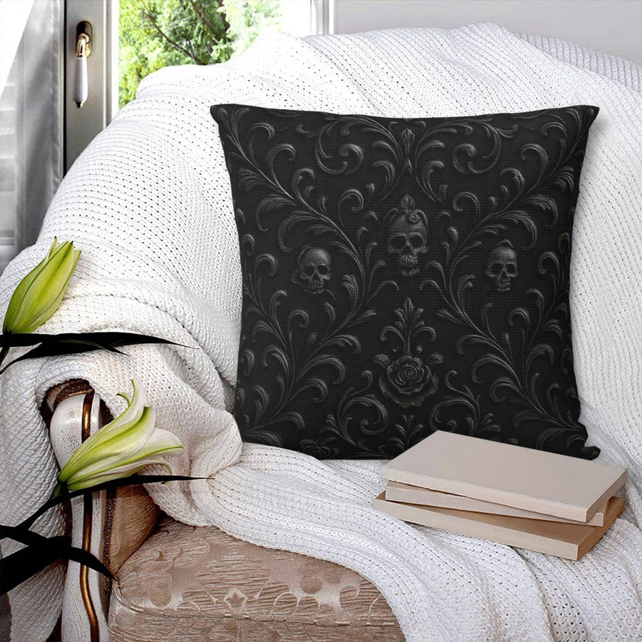 Dekorative quadratische Kissenhülle Gotische Schädel & Rosen in Schwarz aus Polyester-Leinen-Samt mit Reißverschluss, B/T/H: 45 x 45 x 45 cm - Bild 3