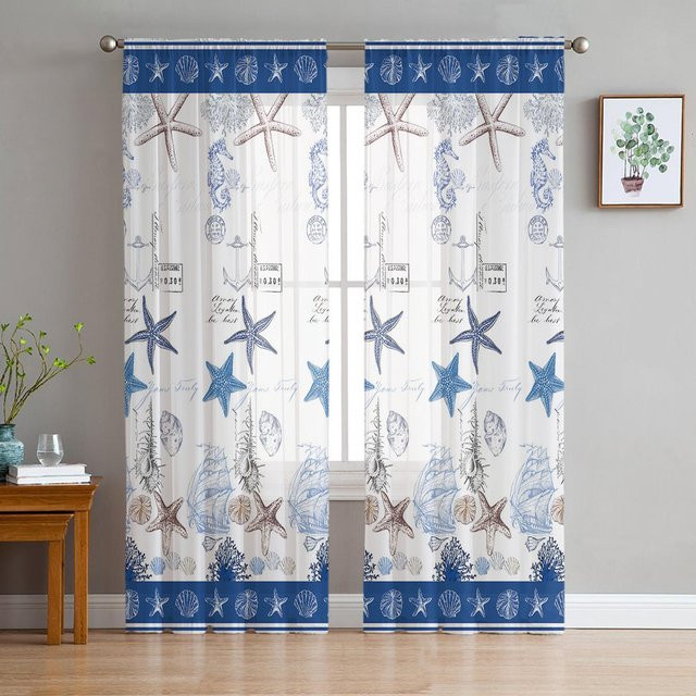 Binchi Outdoor Equipment Voile Gardine Meeresleben in Blau und Braun mit Korallen-Motiv, Breite: 135 cm, Höhe: 160 cm - Bild 1