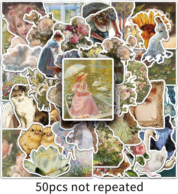 50 Stück Vintage-Ölgemälde-Aufkleber im Cartoon-Western-Stil von AnimeWorlds Store, Mehrfarbig - Bild 1