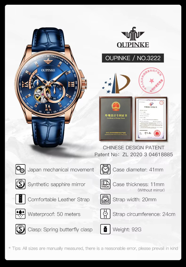 OUPINKE Automatikuhr, Herren, Leder, Blau, Roségold, Bicolor - Bild 6