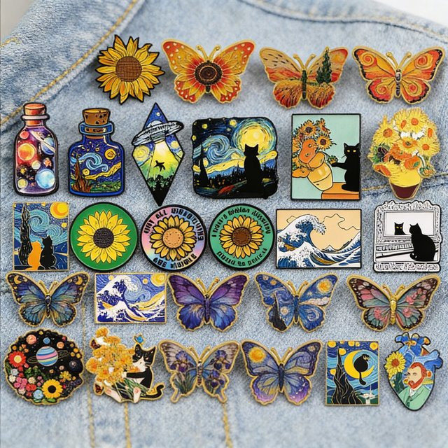 Van Gogh Broschen, Emaille-Pins, Sternennacht, Sonnenblume, Schmetterling, Unisex - Bild 1