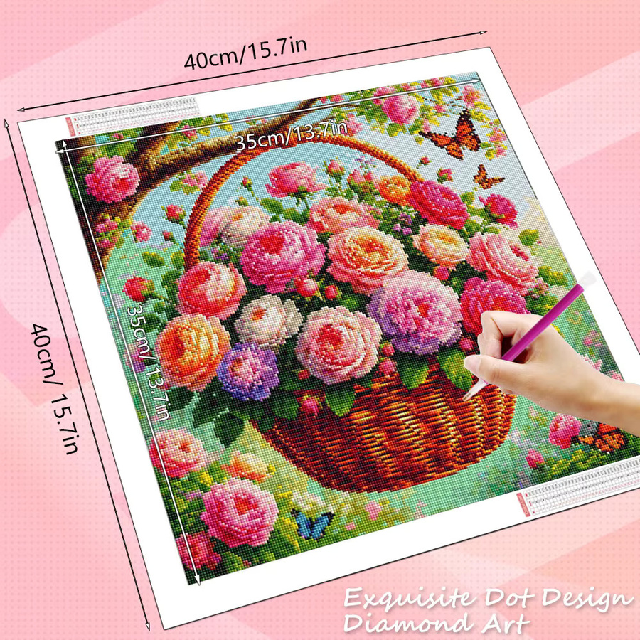 HUACAN Diamantmalerei Set mit Rosen, Pfingstrosen und Gänseblümchen als Mosaik-Blumenkorb zur Wanddekoration, Mehrfarbig, Durchmesser: 20 cm - Bild 1