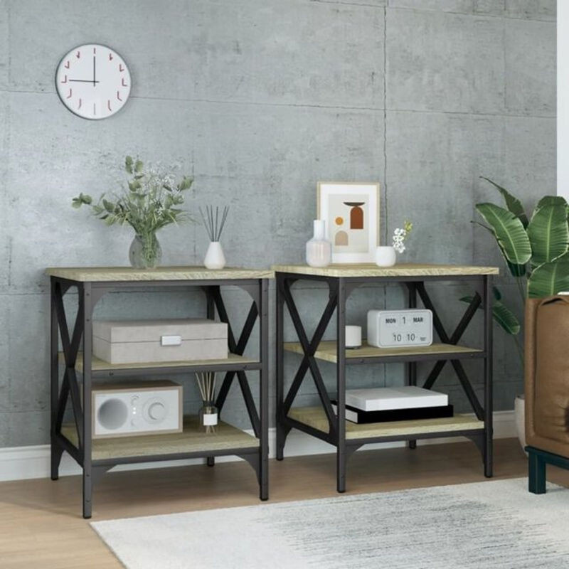 Vidaxl Beistelltisch Set 2 Stück im Industrial Design aus Holzwerkstoff und Stahl, Eiche Natur Braun, B: 42 cm, T: 40 cm, H: 50 cm - Bild 1