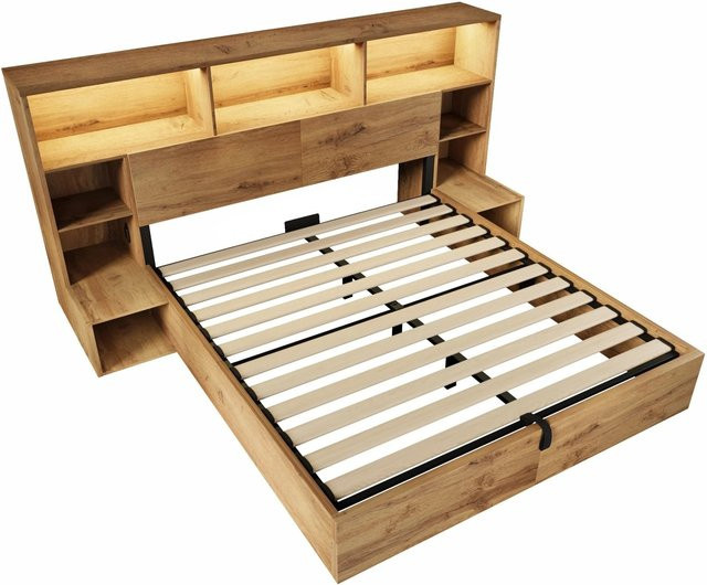 Merax Systembett mit Hydraulik, LED-Beleuchtung und USB-C Ladestation in Eiche, B/T/H: 160 x 200 x 119 cm - Bild 1
