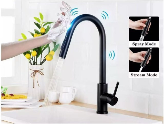 DQOK Intelligente Küchenarmatur aus Edelstahl mit Sensor und Touch-Control, Ausziehbar, Farbe: Schwarz, Gebürstetes Nickel - Bild 1