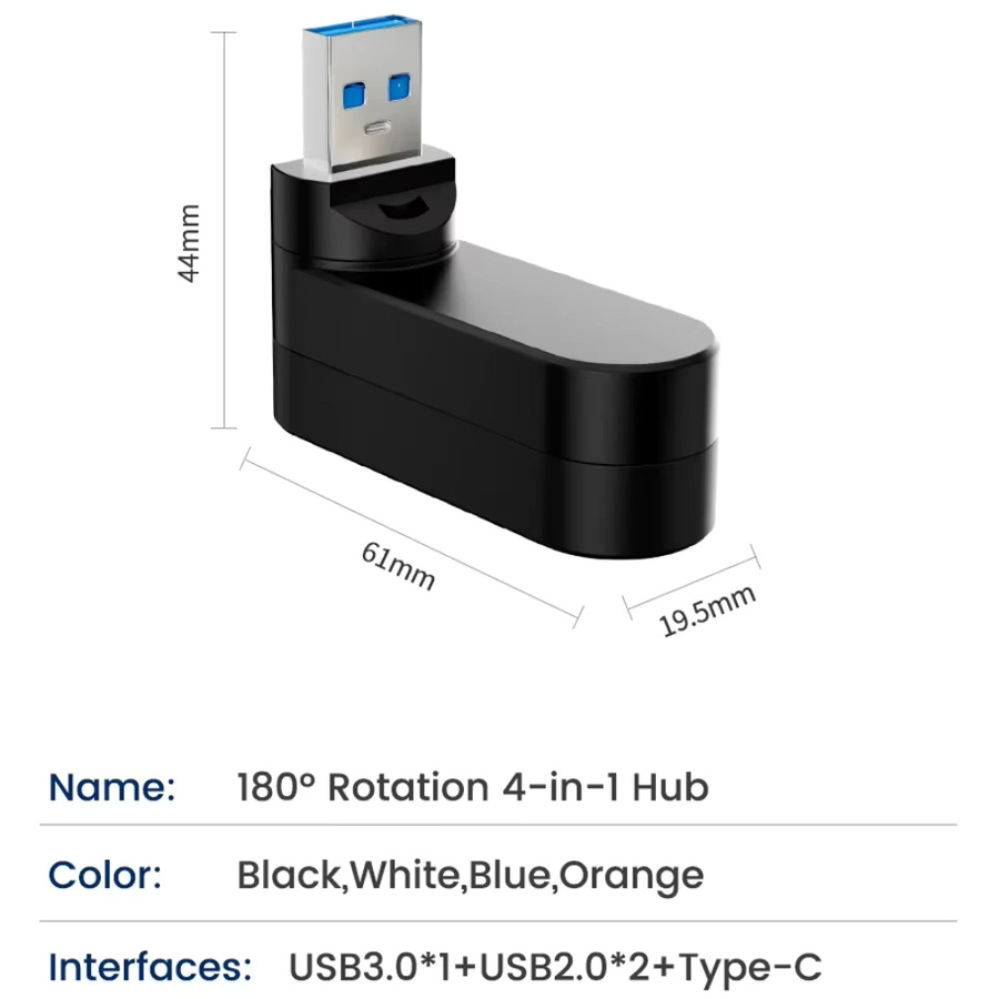 Maerknon Drehbarer USB-C Hub mit 4 Anschlüssen USB 3.0 und 2.0 für Laptop und MacBook in Schwarz und Orange - Bild 6