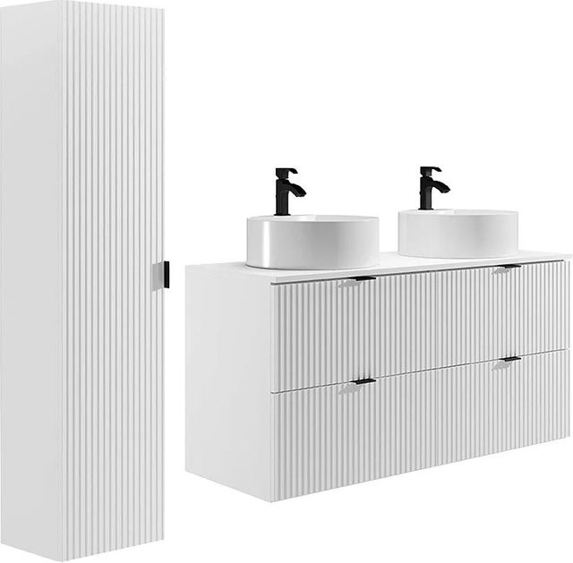 ZEVINI Badmöbel-Set Weiß Matt mit Keramik-Aufsatzwaschtisch, Hänge-Badmöbel und Hochschrank, B/T/H: 120 x 47 x 60 cm - Bild 1