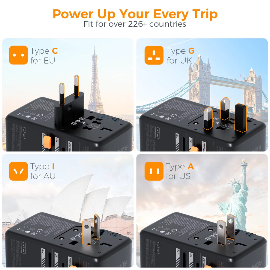 TESSAN GaN Universal-Reiseadapter 140W mit USB-C Anschluss, internationaler Steckeradapter für EU UK USA AUS, Schwarz - Bild 4