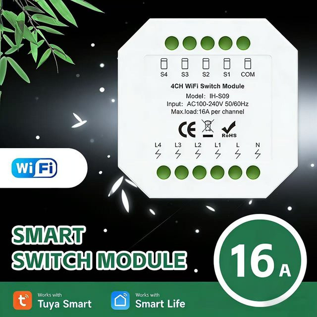 Tuya WiFi Smart Switch Modul für Home Automation, 1-4 Kanäle, 16A Max. Last, Farbe: Weiß, kompatibel mit Tuya oder Smart Life App - Bild 1