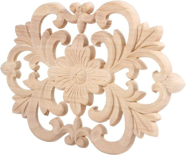 KaiSai Holzgeschnitzte Onlay Applikation aus Gummibaumholz in floralem Design für Möbel und Schrankdekoration unbemalt - Bild 1