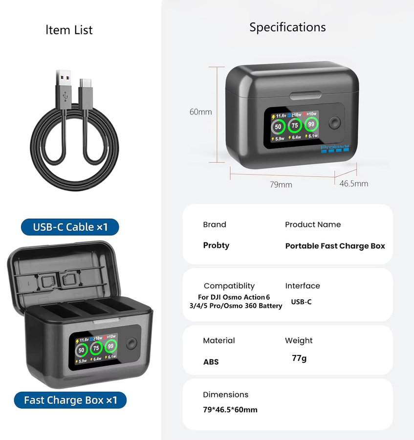DJI OSMO Action 3/4/5 Pro Akku-Ladebox mit 3 Slots und LED-Anzeige, 24W PD-Schnellladegerät, Schwarz - Bild 5